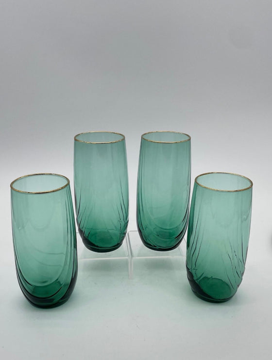 Green With Gold Trim Embossed Curves Glasses 12 oz.
